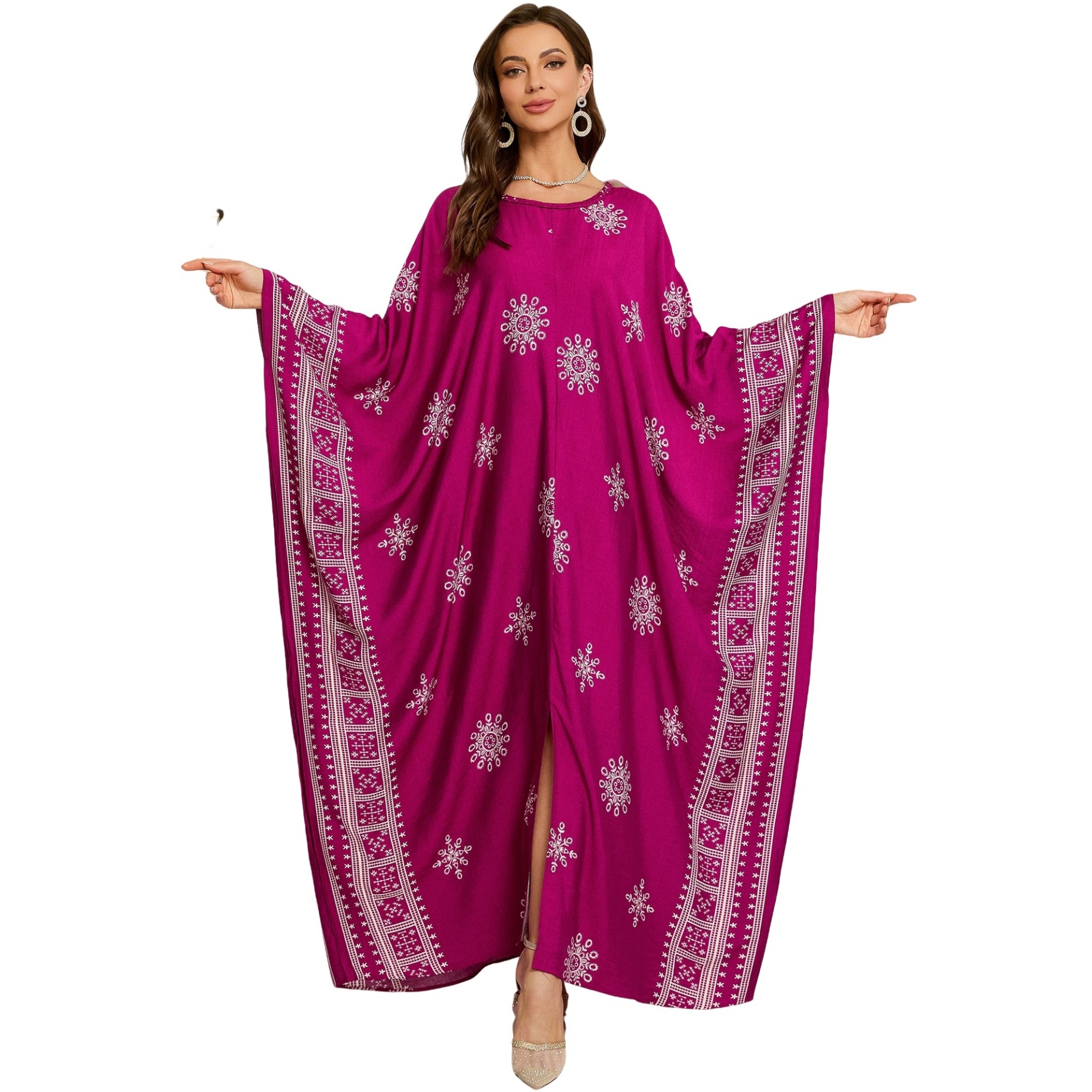 Geometric Pattern Kaftan Maxi Dress with Long Batwing Sleeves for Beach Cover Up